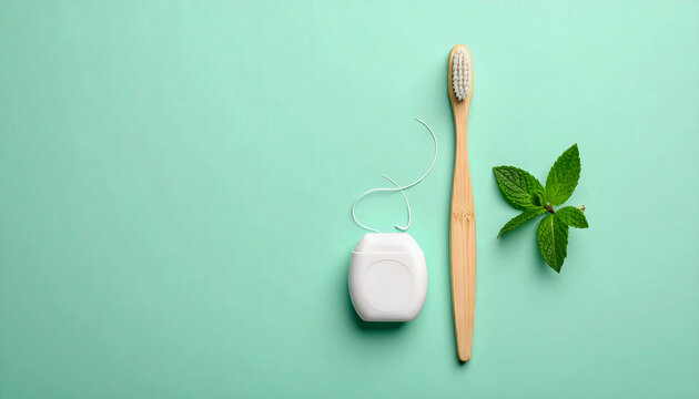 Cepillo de dientes de bamb&uacute; con hilo dental y hoja de menta sobre fondo verde claro