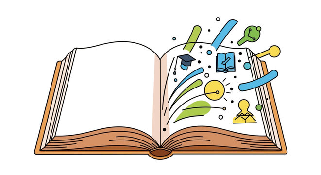 An open book with educational icons and symbols emerging from it