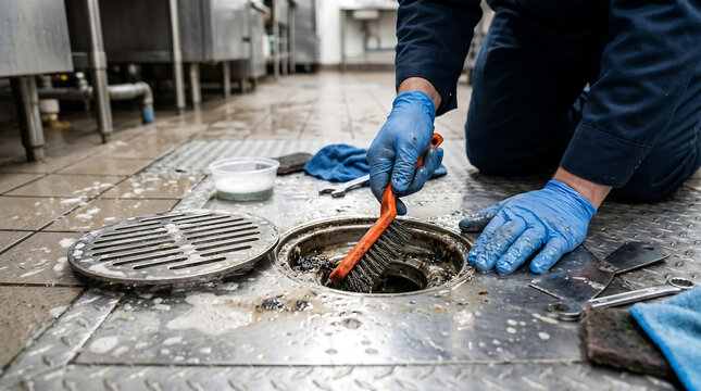 Worker Cleaning Commercial Restaurant Kitchen Floor Drain with Brush Wearing Blue Gloves on Wet Tile Floor with Removed Grate and Tools Around