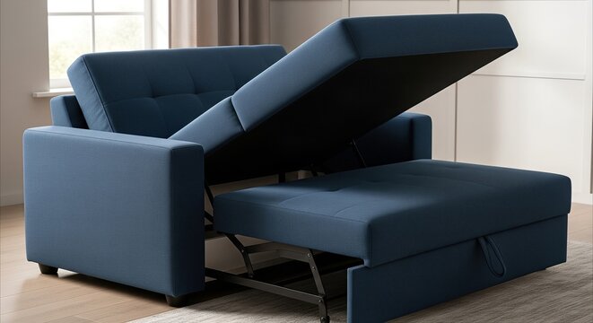 Navy Blue Sleeper Sofa Transforms from Couch to Bed in Bright Living Room, Modern Home Decor and Functionality