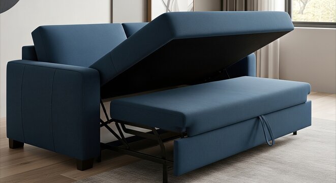 Navy Blue Sleeper Sofa Unfolding in Modern Living Room, Dual Functionality for Space Saving