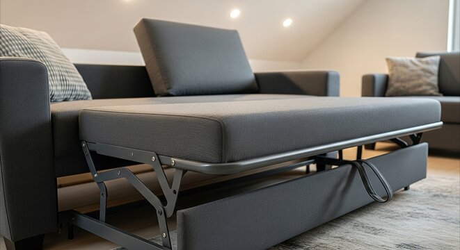 Modern gray sleeper sofa partially extended in a cozy living room with soft overhead lighting