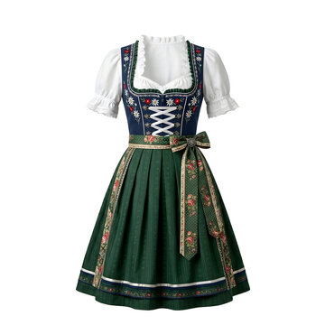 Traditional Bavarian dirndl dress with floral embroidery and green skirt isolated on transparent background