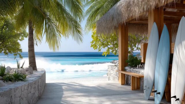Two surfboards leaning against a wooden veranda post, overlooking a pristine sandy beach and clear blue ocean with breaking waves, evoking relaxed tropical surf life