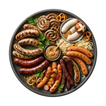 Platter of various grilled sausages with mustard and sauerkraut isolated on transparent background