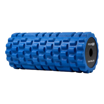 Blue textured foam roller for fitness and muscle massage isolated on transparent background