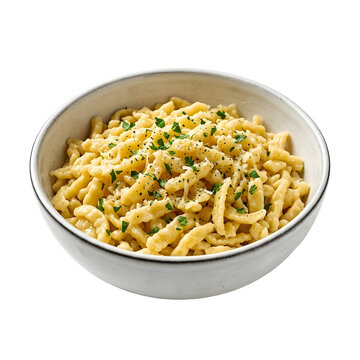 Spaetzle pasta with cheese and parsley in a white bowl isolated on transparent background