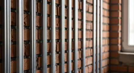 Obraz premium Vertical metal screed tracks against a brick wall during renovation, highlighting construction precision and texture.