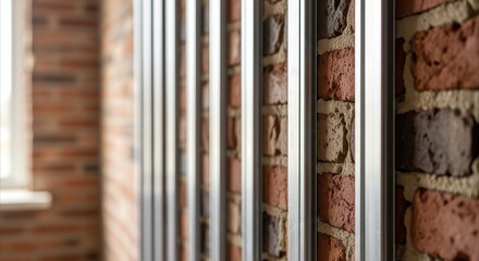 Obraz premium Brick wall construction with metal plastering guides, renovation detail, natural light, copy space for design