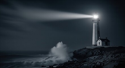 Obraz premium Dramatic lighthouse beam cuts through dark night fog, guiding ships through turbulent sea waves, symbolizing hope and safety