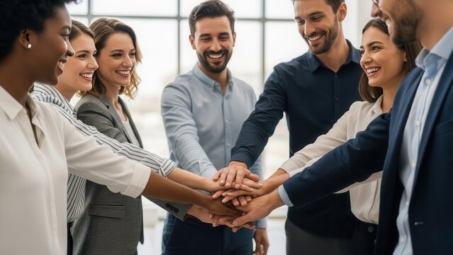 Diverse group of business people standing in a circle and stacking their hands together in a gesture of unity, collaboration, and teamwork