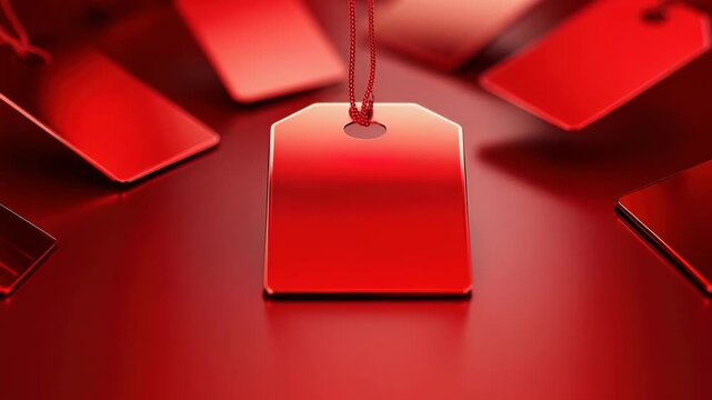 Bright red tags are arranged on a smooth surface under light. The focus is on the tags as they reflect light in an indoor area. The arrangement shows depth and color
