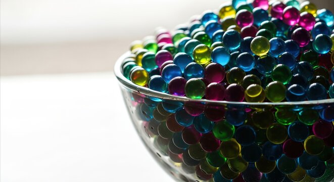 Vibrant colorful water beads orbeez filling glass bowl, macro detail, bright sunlight and copy space
