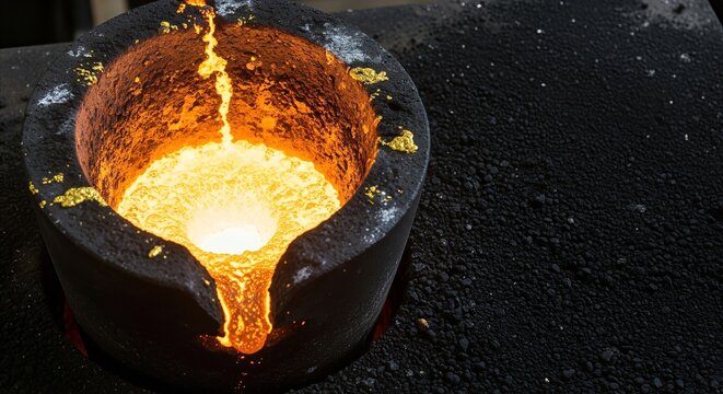 Molten gold flowing from a dark crucible, intense heat and liquid metal in an industrial casting process, high contrast macro shot with copy space.