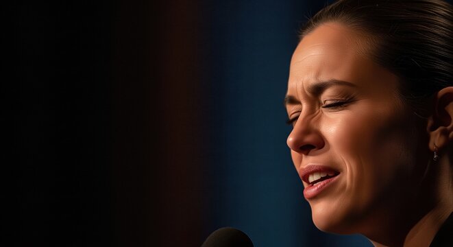 Emotional speaker with eyes closed expressing passion and sincerity during a powerful speech with dramatic lighting.