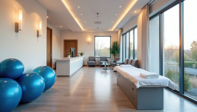 Modern therapy room with fitness balls, examination table, and reception desk. Bright interior features large windows with scenic outdoor view. Comfortable seating area for patients awaits.
