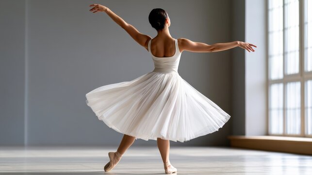 Female ballet dancer in white tutu performs a graceful spin in a well-lit studio with large windows and wooden flooring, showcasing elegance and poise
