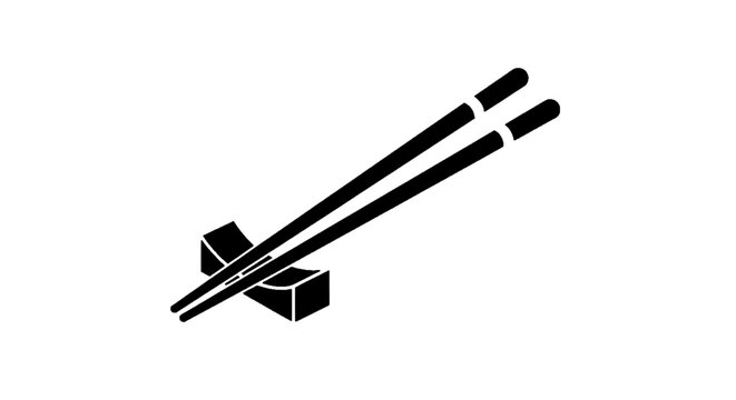 Minimal black silhouette icon, simple flat vector, bold black shape, no, no shading black silhouette of a pair of chopsticks resting on a chopstick holder on a, flat icon style
