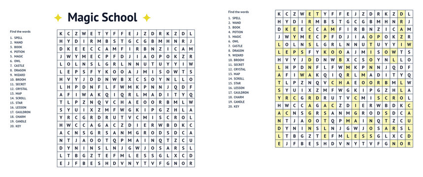 Word search with answer key for Magic School puzzle  