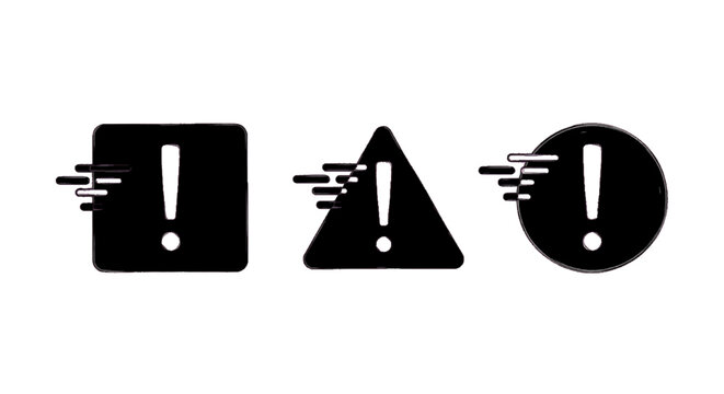 Minimal black silhouette icon, simple flat vector, bold black shape, no, no shading set of warning signs with motion lines, exclamation mark icons on a, flat icon style