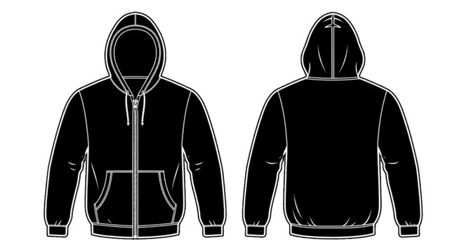 Minimal black silhouette icon, simple flat vector, bold black shape, no, no shading black zip up hoodie template front and back view on a, flat icon style