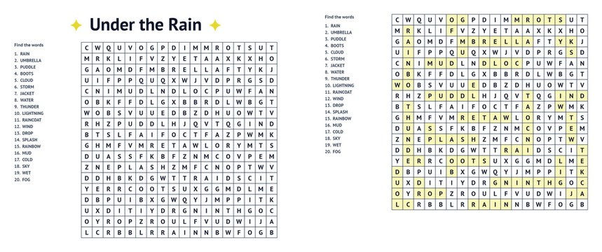 Word search puzzle with answer key titled Under the Rain  