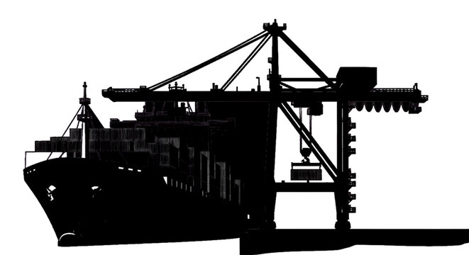 Minimal black silhouette icon, simple flat vector, bold black shape, no, no shading silhouette of a large container ship being loaded by a port crane on a, flat icon style