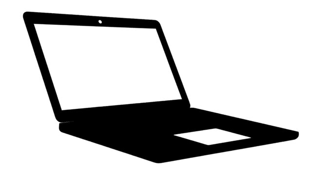 Minimal black silhouette icon, simple flat vector, bold black shape, no, no shading silhouette of a modern laptop computer on a, flat icon style