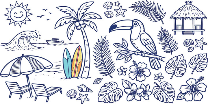 Set of hand drawn beach vacation elements featuring palm trees toucans tropical flowers beach huts surfboards and seashells for summer themed graphic design vector