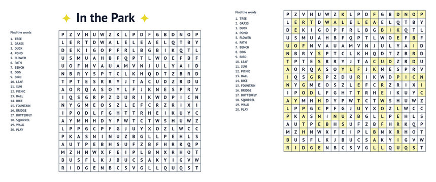 Word search with answer key titled "In the Park" in printable design  