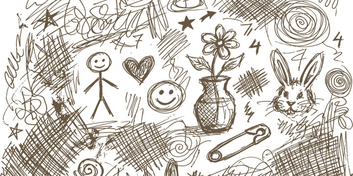 Abstract messy doodle background featuring hand drawn scribbles stars hearts and simple objects like a flower in a vase and a rabbit for playful artistic designs