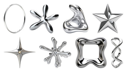 Fototapeta na wymiar PNG Abstract shiny metallic shapes collection on transparent background