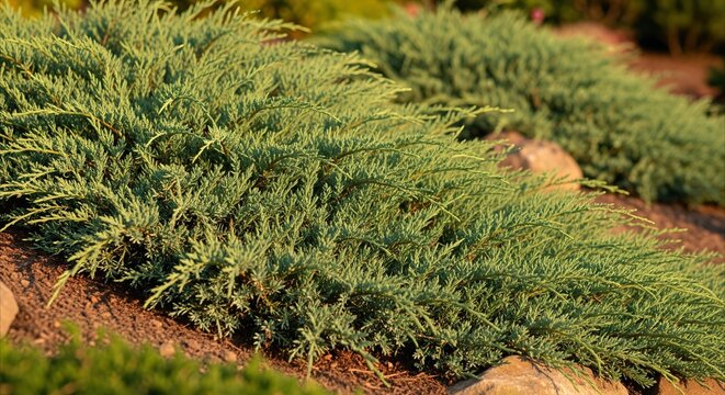 Silvery-green creeping juniper groundcover on a garden slope, creating a textured natural carpet during golden hour