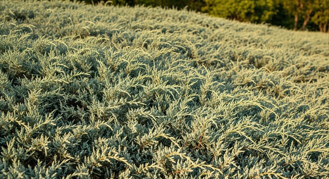 Silvery-green creeping juniper bush forms a textured carpet on a garden slope during golden hour, creating a serene natural landscape.