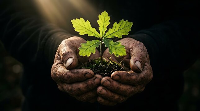 Weathered hands cupping a small oak sapling with soil