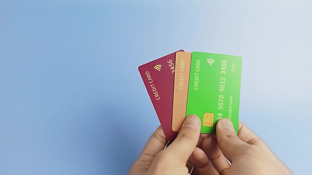Two hands holding and fanning three red, orange, and green credit cards on blue background with copy space. Financial concept for multiple bank payment choice.
