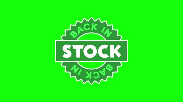 Back in stock text animation with vintage badge style on green screen for retail inventory.