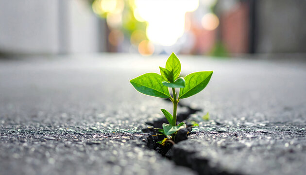 Resilient Green Plant Growing Through Asphalt Crack