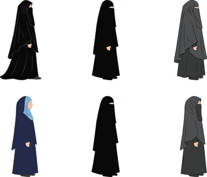 Set of flat vector illustrations featuring Muslim women in traditional Islamic clothing including niqab, abaya, and hijab profile views.