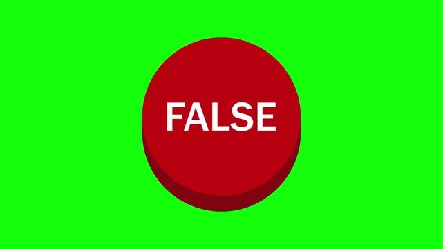 Animated red button with the word false appearing on a bright green chroma key background video