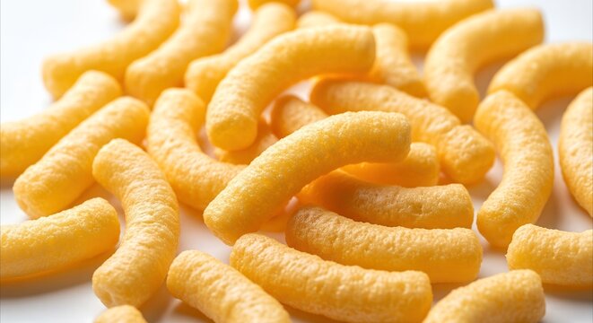 Golden crunchy corn puffs scattered on a clean white background, perfect for snack advertising and food photography