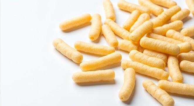 Puffed corn sticks scattered in a playful, chaotic arrangement on a clean white background, perfect for snack advertising