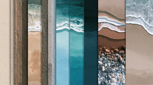 A collage of beach scenes with varying textures and colors of sand and water