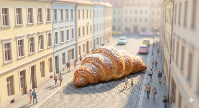 Surreal Giant Croissant in Miniature European City