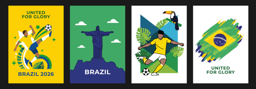 Brazil Soccer 2026 Poster Set, Modern flat vector illustration templates featuring football players flag and Rio landmarks for sports tournament graphic design
