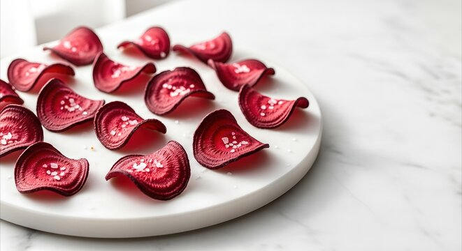 Crispy baked beetroot chips sprinkled with salt flakes arranged on a white marble plate, offering a healthy snack concept with ample copy space