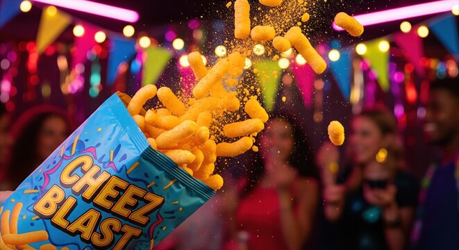Cheez Blast snack bag spills cheesy puffs at a vibrant, neon-lit party celebration with dynamic lighting and bokeh background