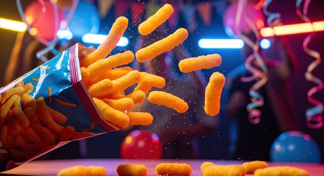 Exploding bag of cheesy corn puffs at a vibrant neon-lit party, capturing excitement and fun