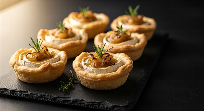Gourmet baked brie and caramelized onion tartlets with rosemary garnish on dark slate, elegant appetizer presentation