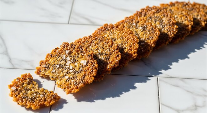 Crispy seeded crackers with sea salt arranged diagonally on a marble surface bathed in sunlight, offering ample copy space.